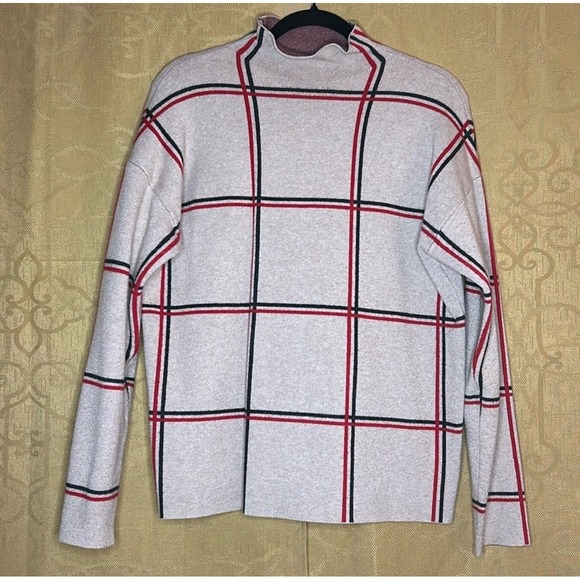 Tahari Sweaters - Tahari Beige Red Black Windowpane Plaid Mock Neck Sweater L Preppy Fall Minimal